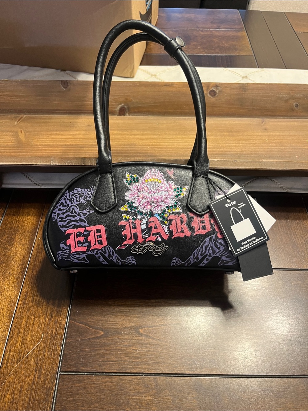 Ed Hardy Black Dome Tote with Pink Floral Logo